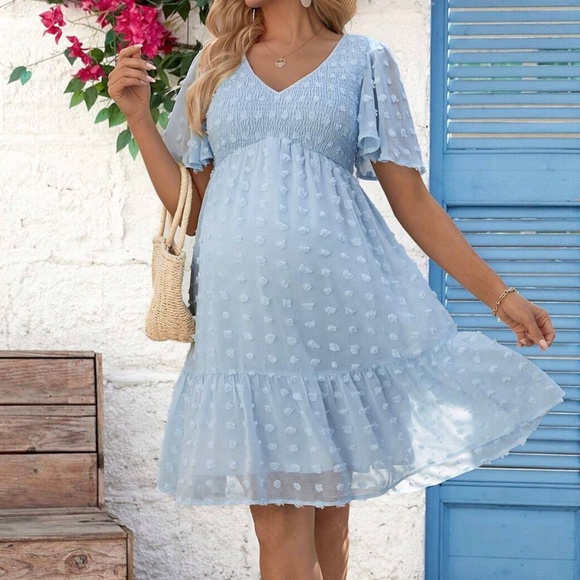 Maternity Swiss Dot Butterfly Sleeve Ruffle Mini Dress - Picture 3 of 4